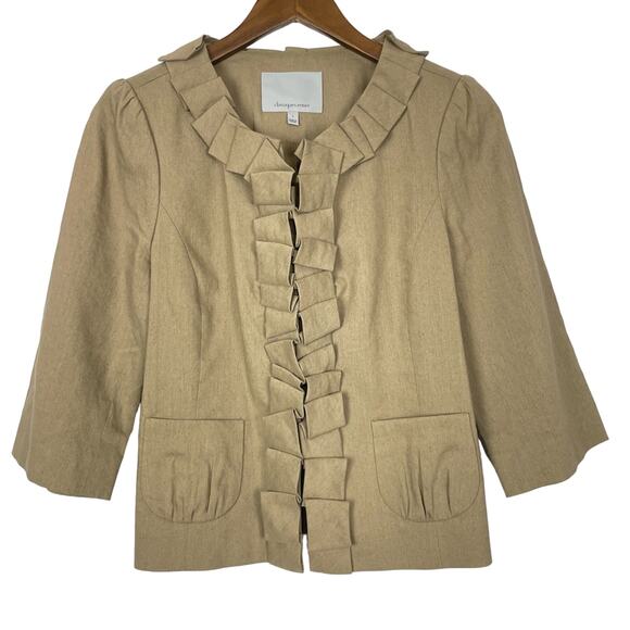 Classiques Entier | Brown Linen Blend Pleated Ruffle Trim Classy Office Jacket - Picture 1 of 10